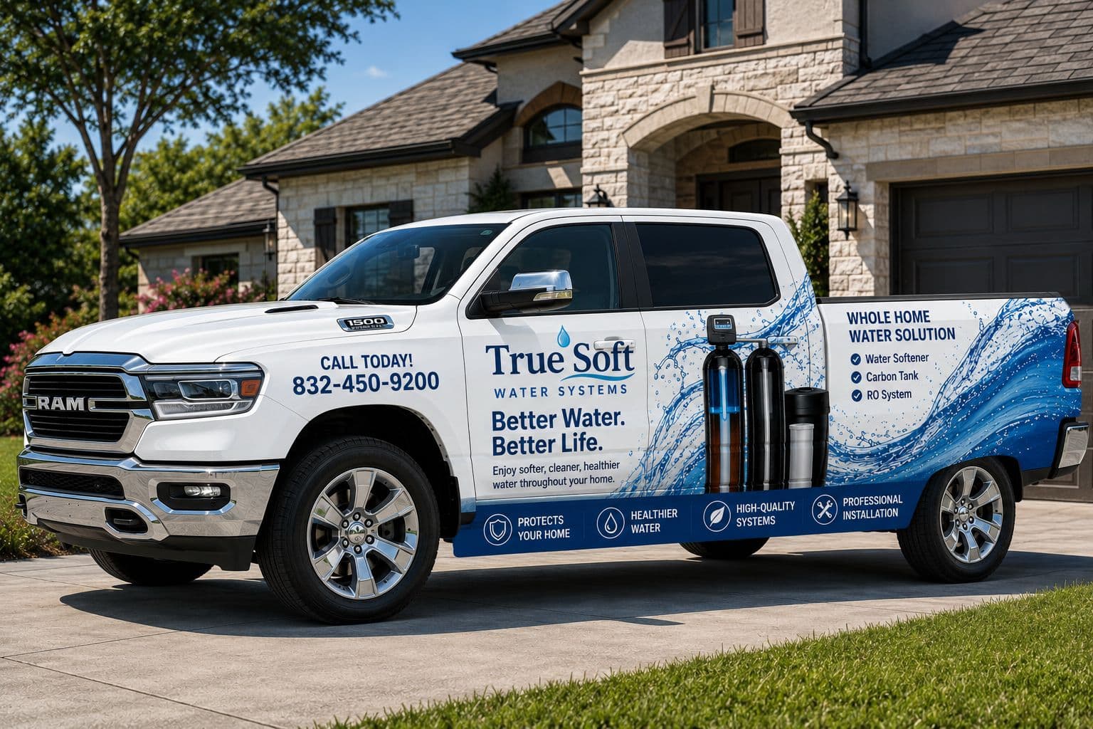 True Soft Water Systems service truck at a Houston-area home
